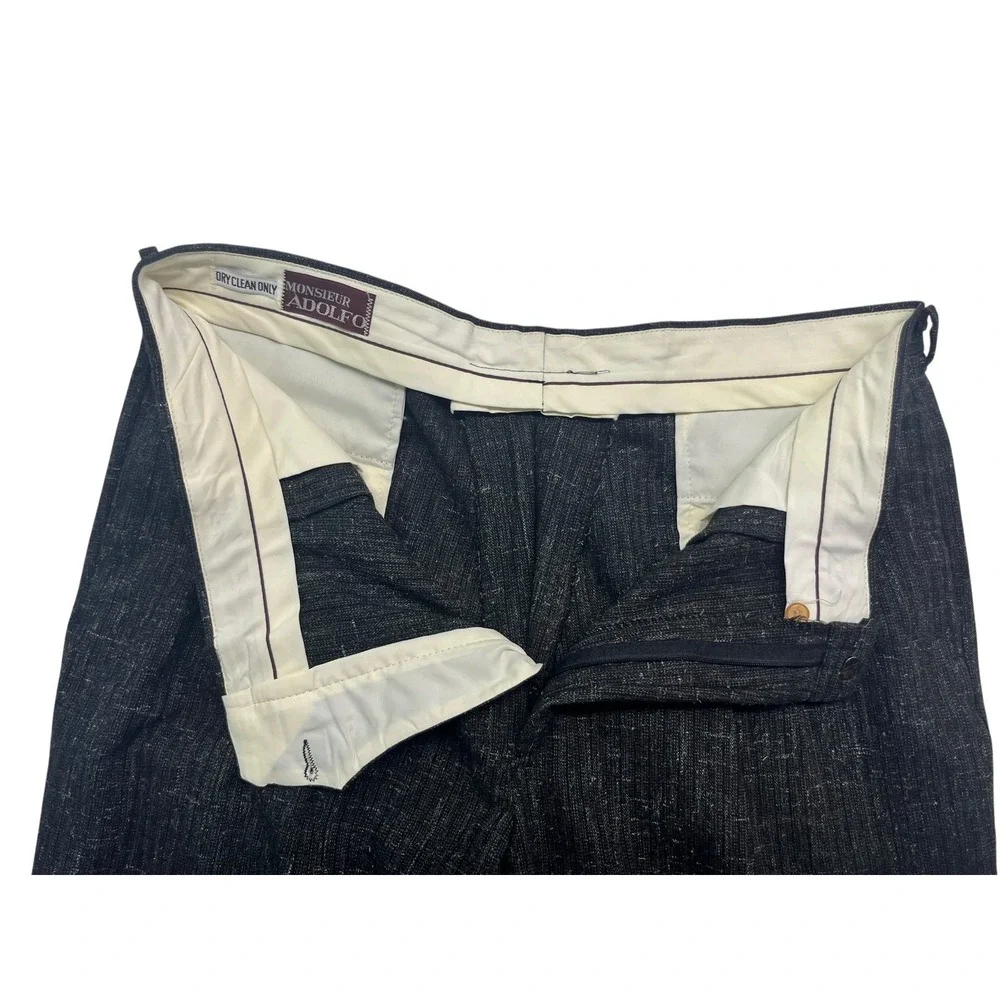 vtg 80s Monsieur Adolfo 36x30 Pants Charcoal Slub Pleated Wide Leg High Rise